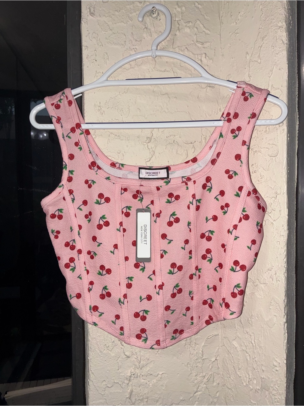 NWT DISCREET New York City Pink Cherry Print Corset Tank Top | Medium